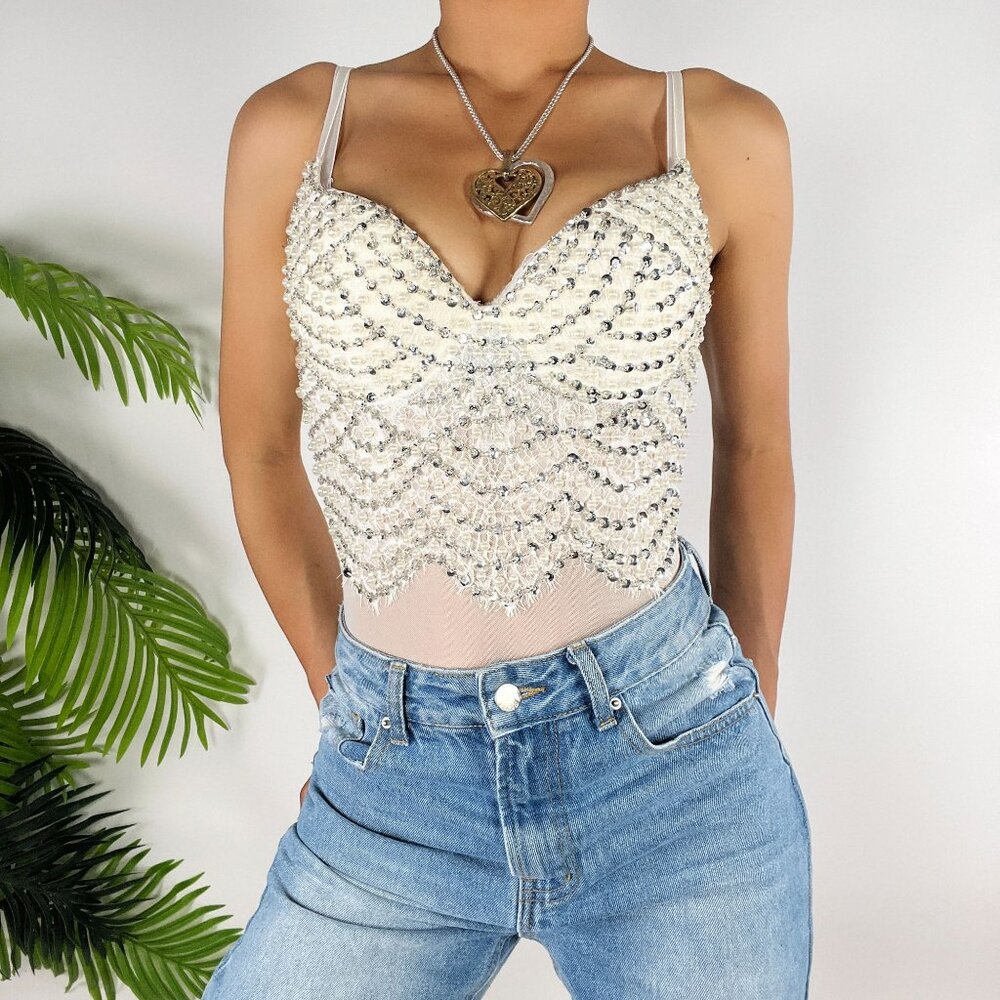 Y2K Windsor White Rhinestone Pearl Beaded Embellished Bodysuit XS - NWT - Picture 1 of 7